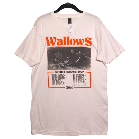 WALLOWS Nothing Happens 2019 USA Tour Short Sleeve White Band T Shirt M NWT - Picture 1 of 6